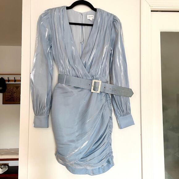 Song of Style REVOLVE Baby Light Blue Tucker Mini Dress sz XS Faux Wrap Belt - Picture 3 of 16